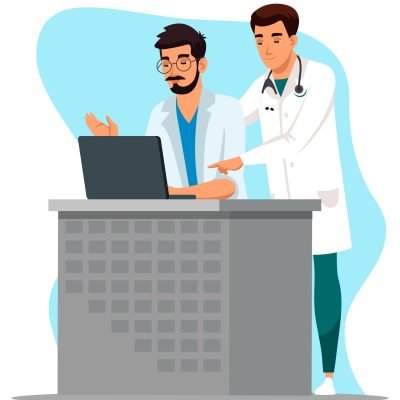 Men doctor professional clinic staff teamwork. Practitioner looking at computer monitor screen discussing medical information.